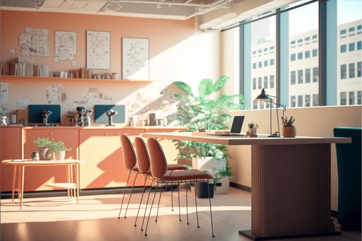 beautiful hyper realistic office, photograph, orange pink and light blue, desks, sunlight, 8k, detailed, --ar 3:2