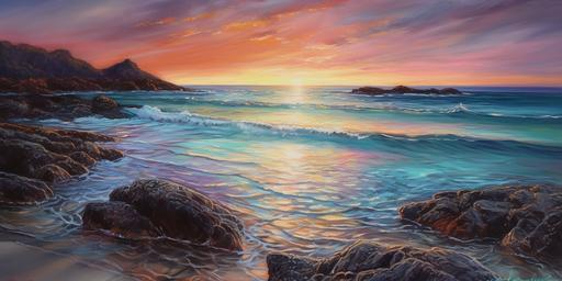 beautiful iconic oil painting, sunset on polynesian beach, reef, intricate details, fine brush strokes, impressionism, clear water, rocks visible under water, small waves, dusk, directional soft lighting, --ar 2:1 --v 5.0 --s 50