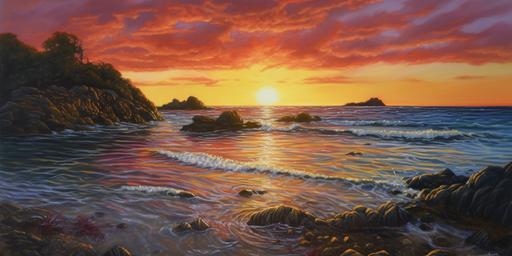 beautiful iconic oil painting, sunset on polynesian beach, reef, intricate details, fine brush strokes, impressionism, clear water, rocks visible under water, small waves, dusk, directional soft lighting, --ar 2:1 --v 5.0 --s 50