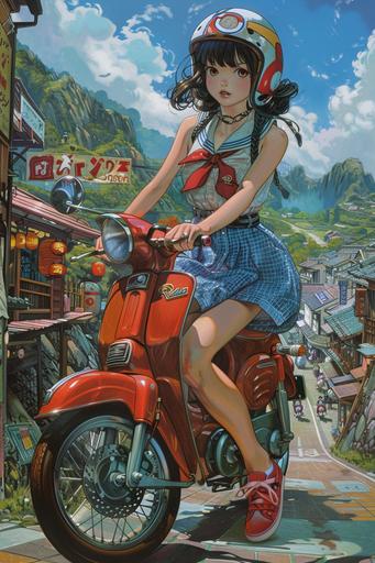 beautiful illustration of japanese punk manga girls set in a studio ghibli movie, college girl, scooter riding, bike, chopper, anime, manga, studio ghibli, miyazaki --ar 2:3 --v 6.0