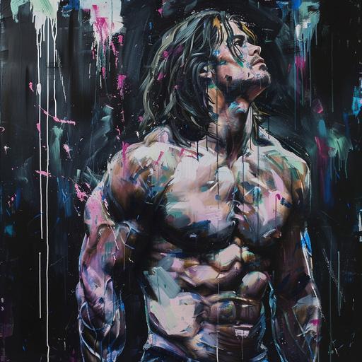 beautiful impression painting of a dark dramatic distressed but full of hope muscular character facing to the right with shirt off, medium long hair, dark background with abstract paint drippings of pink, blue ,white, purple and green, fusion between brad pitt and dwayne johnson, extra long shot