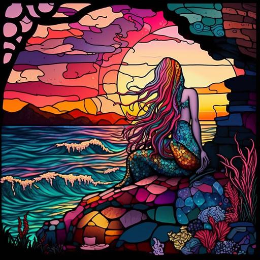 beautiful long haired disney style mermaid, sitting on a rock by the ocean, lovely pink/yellow/orange sunset stained glass background, black light seashells on the shore, foam from the ocean rolling in, ship in the distance, high definition, vibrant colors, highly realistic, magical fantasy atmosphere