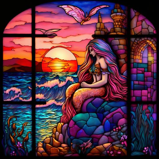 beautiful long haired disney style mermaid, sitting on a rock by the ocean, lovely pink/yellow/orange sunset stained glass background, black light seashells on the shore, foam from the ocean rolling in, ship in the distance, high definition, vibrant colors, highly realistic, magical fantasy atmosphere