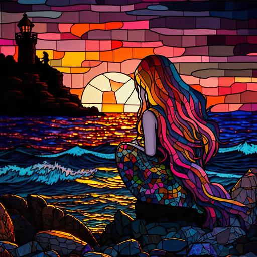 beautiful long haired pixar mermaid sitting on a rock by the ocean, tail in the water, lovely pink/yellow/orange sunset stained glass background, black light seashells on the shore, foam from the ocean rolling in, ship in the distance, high definition, vibrant colors