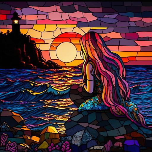 beautiful long haired pixar mermaid sitting on a rock by the ocean, tail in the water, lovely pink/yellow/orange sunset stained glass background, black light seashells on the shore, foam from the ocean rolling in, ship in the distance, high definition, vibrant colors