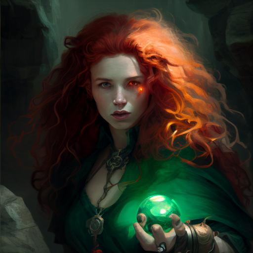 beautiful long red curly hair woman pale skin, red lips, furrowed, wearing a black corsett and leather armbands, holding a silver orb glowing green, moving through a cavern, rogue sorceress, fantasy, ominous