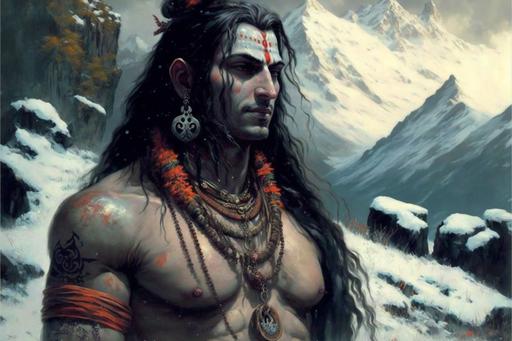 beautiful lord shiva, masculine, handsome, skinny, fit, meditating in perfect lotus posture, erect, mysterious smile, still, eyes closed, eyes rolled up, blissful, ecstatic, joyful, intense, powerful, wears rudraksha mala, king cobra around his neck,cold climate, snowy mountains in the background, around him snow is melting revealing green grass and few small flowers, night, beautiful starry sky with nebulas and galaxies, bright full moon in the sky, moonlight falls on his body from a side, moonlight shines on him, volumetric lightning, cinematic, high detail, 4k much detail, artistic, realistic, expressionist,--seed 1 --ar 3:2