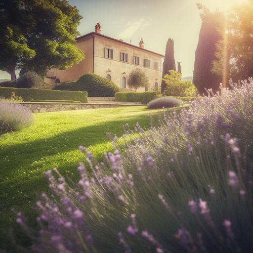 beautiful luxury tuscany garden with Lavender and Graminaceae, in the background a one tuscany villa in modern concrete style, large lawn in front of villa, sun light, Hyper-detatled,Insane details,intricate details,Megapixel,Super-Resolution,Cinematic,Depth of Field,Beautifully color graded,Anti-Aliasing,Photoshoot,Shot on 25mm lens,Tilt Blur,Ultra-Wide Angle,Beautifully color-coded,Editorial Photography,White Balance, ProPhoto RGB,Moody Lighting,Incandescent,Studio Lighting,Soft Lighting,Hard Lighting,Beautiful Lighting,Accent Lighting,Global Illumination,Ray Tracing Global Illumination,Screen Space Global Illumination,Optics,Scattering,Glowing,Shadows,Rough, Shimmering,Ray Tracing Reflections,Lumen Reflections,Screen Space Reflections,Diffraction Grading,Chromatic Aberration,FKAA,TXAA,RTX,SSAO,Shaders,OpenGL-Shaders,GLSL-Shaders,Post Processing,Post-Production,CGI,VFX,SFX,Hypermaximalist,Elegant,hyper realistic,,Volumetri--hd3:2 --v 5