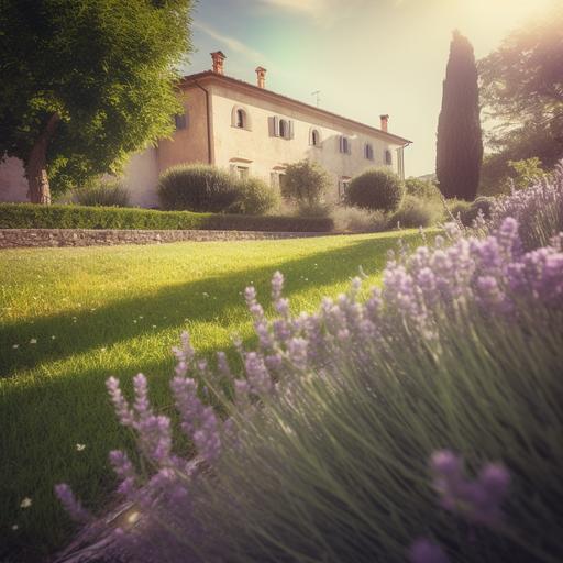 beautiful luxury tuscany garden with Lavender and Graminaceae, in the background a one tuscany villa in modern concrete style, large lawn in front of villa, sun light, Hyper-detatled,Insane details,intricate details,Megapixel,Super-Resolution,Cinematic,Depth of Field,Beautifully color graded,Anti-Aliasing,Photoshoot,Shot on 25mm lens,Tilt Blur,Ultra-Wide Angle,Beautifully color-coded,Editorial Photography,White Balance, ProPhoto RGB,Moody Lighting,Incandescent,Studio Lighting,Soft Lighting,Hard Lighting,Beautiful Lighting,Accent Lighting,Global Illumination,Ray Tracing Global Illumination,Screen Space Global Illumination,Optics,Scattering,Glowing,Shadows,Rough, Shimmering,Ray Tracing Reflections,Lumen Reflections,Screen Space Reflections,Diffraction Grading,Chromatic Aberration,FKAA,TXAA,RTX,SSAO,Shaders,OpenGL-Shaders,GLSL-Shaders,Post Processing,Post-Production,CGI,VFX,SFX,Hypermaximalist,Elegant,hyper realistic,,Volumetri--hd3:2 --v 5