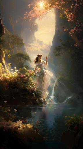 beautiful maiden in long flowing dress holding gold leaf flowers in landscape with waterfall and mountains, cliffs, trees, style influenced by Albert Bierstadt Francis and E Jamieson and Jean-Honoré Fragonard and François Boucher, Rays of Shimmering Light, Beautiful Lighting, Translucent, Iridescent, opalescent, Liquid, Water, Liquid Crystal, Lake, river, Fog, Mist, Golden hour, gilded, --ar 9:16