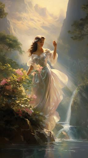 beautiful maiden in long flowing dress holding gold leaf flowers in landscape with waterfall and mountains, cliffs, trees, style influenced by Albert Bierstadt Francis and E Jamieson and Jean-Honoré Fragonard and François Boucher, Rays of Shimmering Light, Beautiful Lighting, Translucent, Iridescent, opalescent, Liquid, Water, Liquid Crystal, Lake, river, Fog, Mist, Golden hour, gilded, --ar 9:16