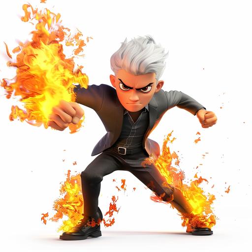 beautiful man in his 20s, short white hair, black eyes, angry look, his clothes are on fire, he is wearing a grey shirt and a black suit pants, cartoon style, pixar quality, highly detailed, full body, white bg, Pixar, 3D