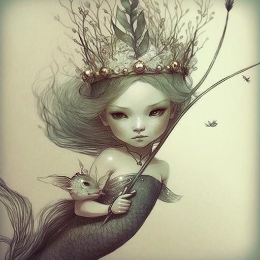 beautiful mermaid with pearl and seaweed headband and holding a small trident, with her pet fish. ocean artwork by annie stegg gerard and tran nguyen --s 250 --q 2
