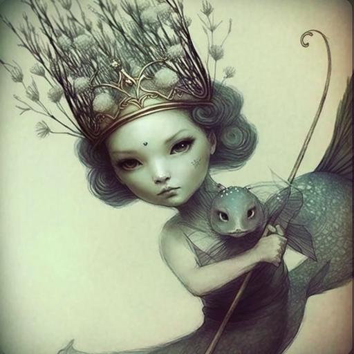 beautiful mermaid with pearl and seaweed headband and holding a small trident, with her pet fish. ocean artwork by annie stegg gerard and tran nguyen --s 250 --q 2