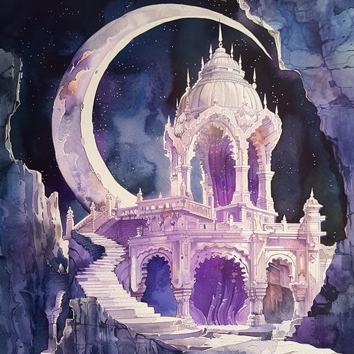 beautiful moon temple, watercolor fantasy temple, white stonework, purple drapes