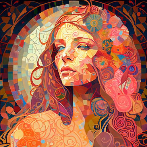 beautiful mosaic hippie woman painted like an Alphonse Mucha theater poster, lovely symmetry swirls and bright colors --upbeta