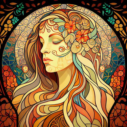 beautiful mosaic hippie woman painted like an Alphonse Mucha theater poster, lovely symmetry swirls and bright colors --upbeta