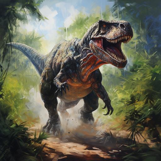 beautiful oil painting / dinosaur / education for children / Tyrannosaurus Rax is belived to have lived in forests, near rivers, and in areas that were open and full of prey.