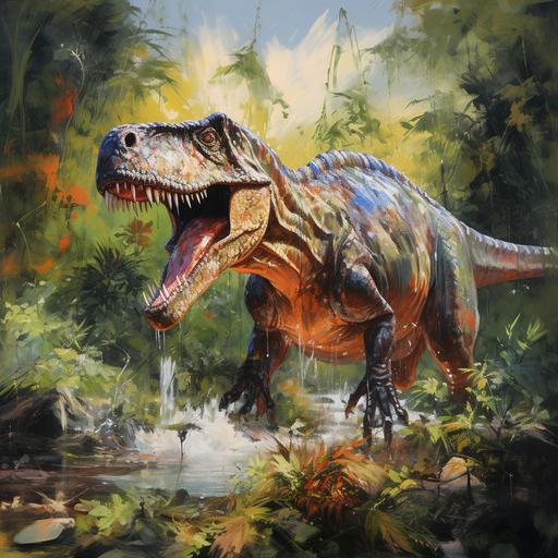 beautiful oil painting / dinosaur / education for children / Tyrannosaurus Rax is belived to have lived in forests, near rivers, and in areas that were open and full of prey.