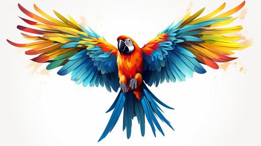 beautiful parrot illustraction, flying directly towards you with wings spread wide open, high quality, pet shop logo, thick black outlines, white background, --ar 16:9