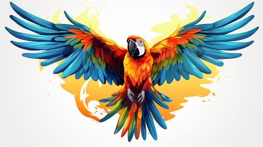 beautiful parrot illustraction, flying directly towards you with wings spread wide open, high quality, pet shop logo, thick black outlines, white background, --ar 16:9