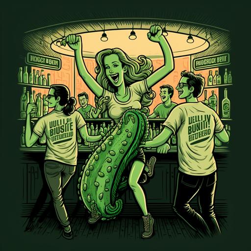 beautiful people taking a drink in a bar looking like cucumbers, wearing t-shirts with cucumbers on it, dancing with cucumbers, urbain city style