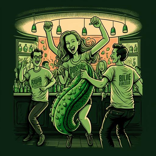 beautiful people taking a drink in a bar looking like cucumbers, wearing t-shirts with cucumbers on it, dancing with cucumbers, urbain city style