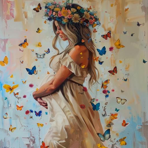 beautiful pregnant woman with long blonde hair covering face butterflies and flowers, oil painting