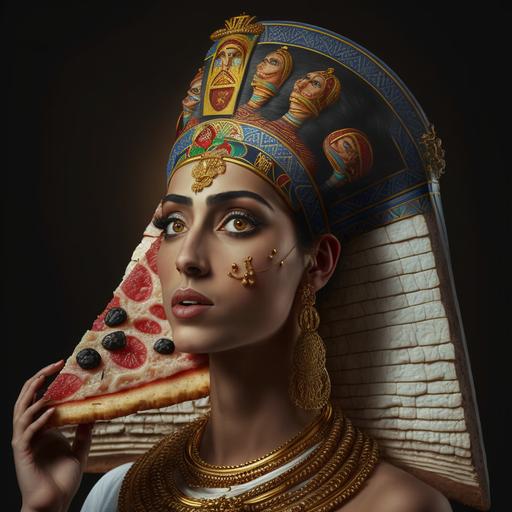 beautiful queen Nefertari, eating a slice of Salami pizza, egyptian style, realistic, photorealism fantasy highly detailed 4k image hyperrealism, night scene