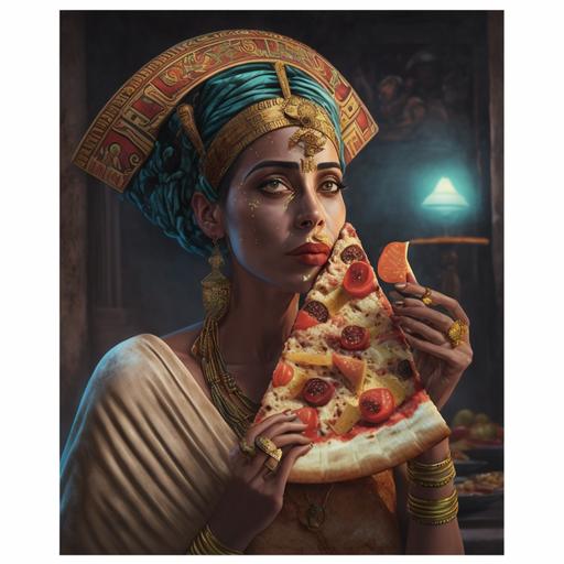 beautiful queen Nefertari, eating a slice of Salami pizza, egyptian style, realistic, photorealism fantasy highly detailed 4k image hyperrealism, night scene