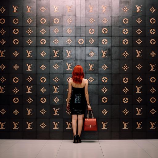 beautiful red hair woman wearing a black dress and black lou boutin heels facing a wall on which there is designer logos louis vuitton gucci jimmy choo versace lou boutin chanel hermes prada ysl and in the middle of the logos its written she needs designers