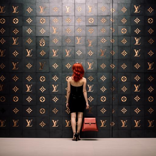 beautiful red hair woman wearing a black dress and black lou boutin heels facing a wall on which there is designer logos louis vuitton gucci jimmy choo versace lou boutin chanel hermes prada ysl and in the middle of the logos its written she needs designers