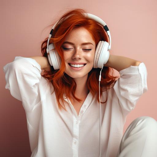 beautiful red-haired woman with freckles with big white headphones and enjoys listening to music