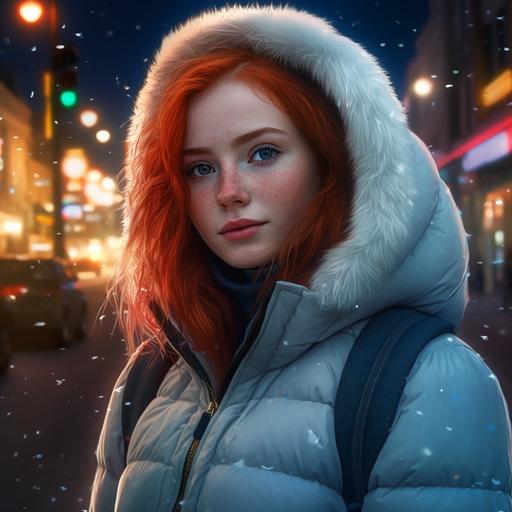 beautiful red headed girl with blue eyes crossing the road turning her head to look in your direction with a little smile, she wears a white moncler winter jacket and blue jeans. Hyper realistic, lamplight illumination