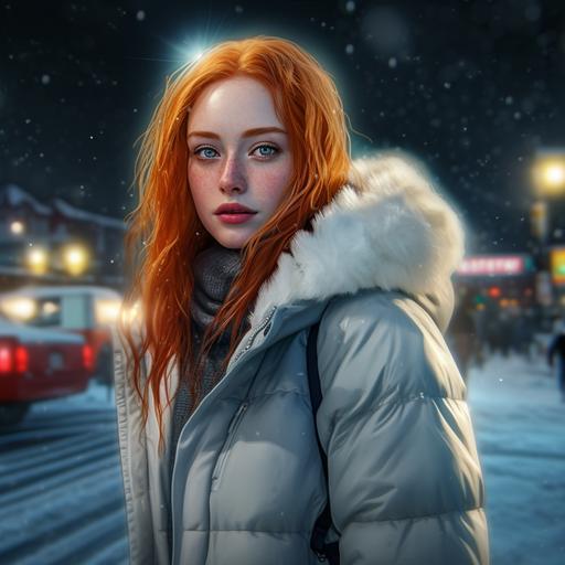 beautiful red headed girl with blue eyes crossing the road turning her head to look in your direction with a little smile, she wears a white moncler winter jacket and blue jeans. Hyper realistic, lamplight illumination
