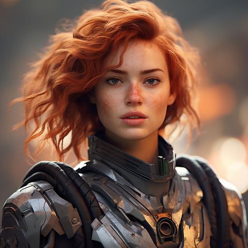 beautiful redhead with short curly hair and grey almond-shaped eyes with long black eyelashes wearing black mandalorian sci-fi armor, freckles, rosy cheeks, button nose, foxy redhead, beautifully detailed rendering, beautiful detailed, detailed, sci-fi video game character, foxy beauty, thick dark eyebrows, deep-set eyes, portrait style, mandalorian armor, mandalorian, realistic, hyperdetailed, 8k, sci-fi, blue tint dramatic lighting, star wars mandalorian armor, Portrait, sci-fi mugshot, short hair, short soft hair, detailed face, natural foxy beauty, realistic video game character, beautiful character portrait, blue tint, sci-fi character, Adriana Lima face, Adriana Lima, Cara Delevingne,
