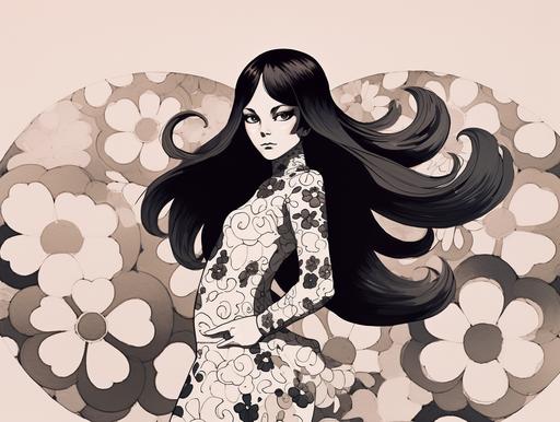 beautiful sassy fierce french super powerful ninja girl, in a flower power dress by Pierre Cardin, long flowing hair, in the style of 1960s, dark white and white, overexposure, doily design    --ar 4:3 --q 2 --v 5