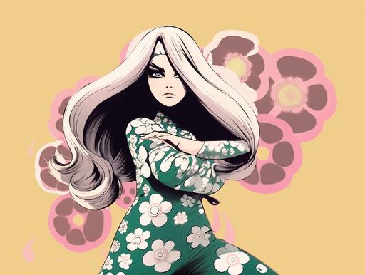 beautiful sassy fierce french super powerful ninja girl, karate pose, in a flower power dress by Pierre Cardin, long flowing hair, in the style of 1960s, pink, green, gold, purple, doily design    --ar 4:3 --q 2 --v 5