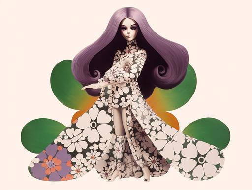 beautiful sassy fierce french super powerful ninja girl, karate pose, in a flower power dress by Pierre Cardin, long flowing hair, in the style of 1960s, pink, green, gold, purple, doily design    --ar 4:3 --q 2 --v 5
