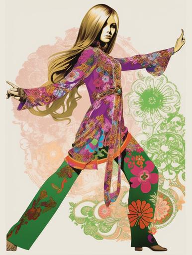 beautiful sassy fierce french super powerful ninja girl, karate pose, in a flower power dress by Pierre Cardin, long flowing hair, in the style of 1960s, pink, green, gold, purple, doily design --ar 3:4 --q 2 --v 5