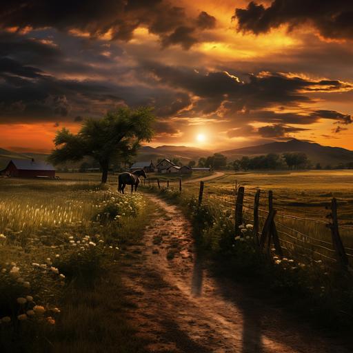 beautiful scene of a ranch at sunset, dark dappled-gray horse in the distance, digital art
