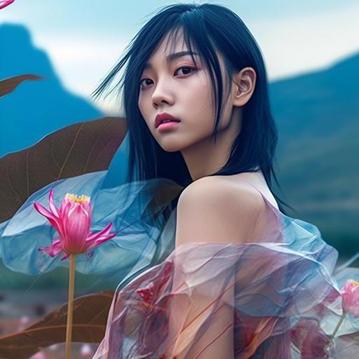 beautiful sexy asian girl in nature with flower cloth on other planet, cyberpunk style photorealistic AR 3:4 star, --no moon