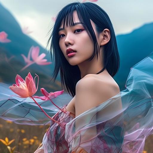 beautiful sexy asian girl in nature with flower cloth on other planet, cyberpunk style photorealistic AR 3:4 star, --no moon