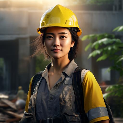 beautiful short haired asian female worker in a yellow hard hat on a construction site with ample greenery in the background, early morning