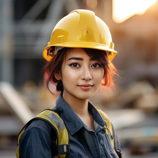 beautiful short haired asian female worker in a yellow hard hat on a construction site with ample greenery in the background, early morning