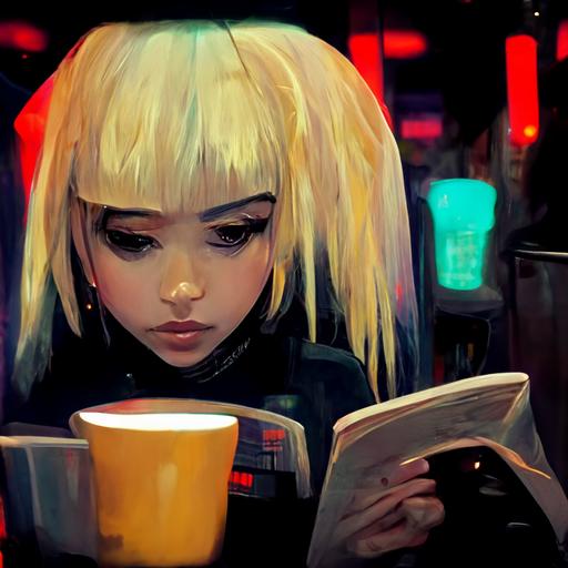 beautiful small Latina anime girl with blonde and black hair reading a book in a cyberpunk cafe