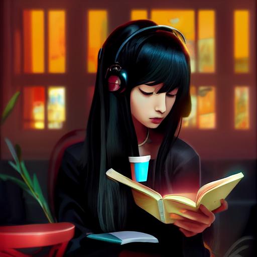 beautiful small Latina anime girl with blonde and black hair reading a book in a cyberpunk cafe --test --creative --upbeta