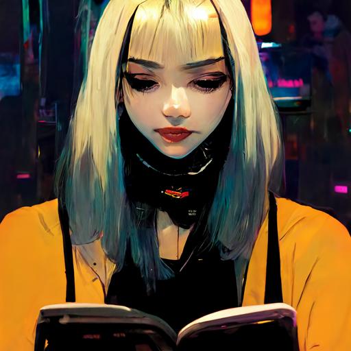 beautiful small Latina anime girl with blonde and black hair reading a book in a cyberpunk cafe , the girl has joker make up
