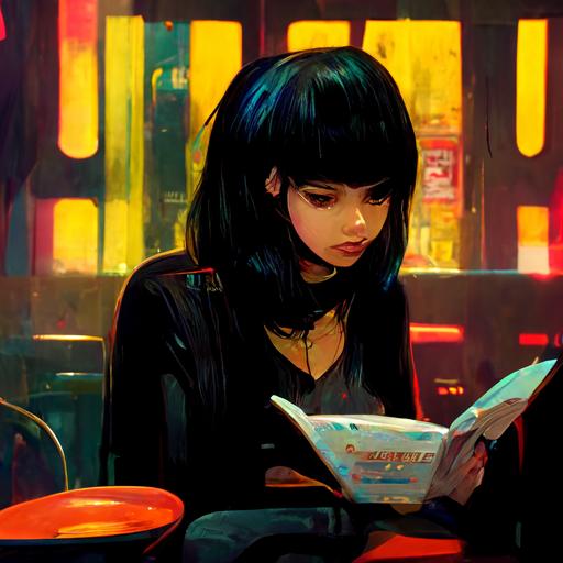 beautiful small Latina anime girl with blonde and black hair reading a book in a cyberpunk cafe