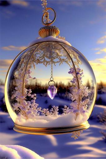 beautiful snow scene, sunny, blue sky and white clouds, sunset, beautiful delicate purple transparent crystal wind chimes, crystal clear, sky blue, branch shape, light purple and white flowers in the middle, beautiful small crystals, envy, decorated with small white flowers, long crystal pendant, shells, snowflakes, hanging on branches, lavender and lemon yellow lights, hd ar 2:3 v 4 uplight q05 2 --v 4 --ar 2:3 --q 0.5